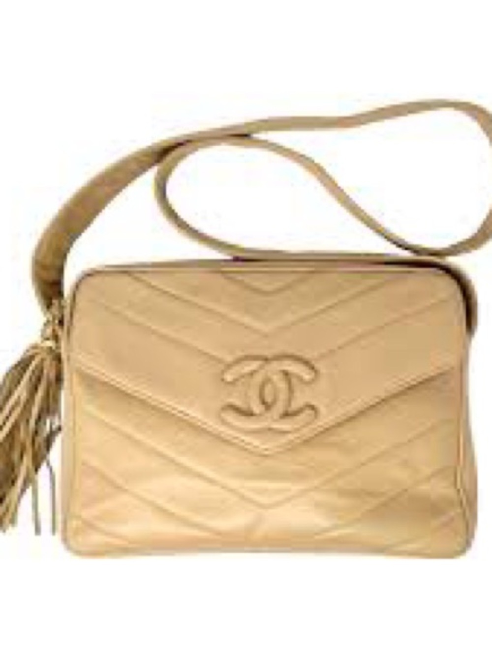 RARE Vintage Lambskin Chanel Beige Logo Chevron Shoulder Bag